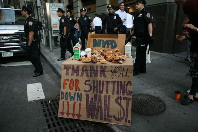 Protesters set food out for the NYPD